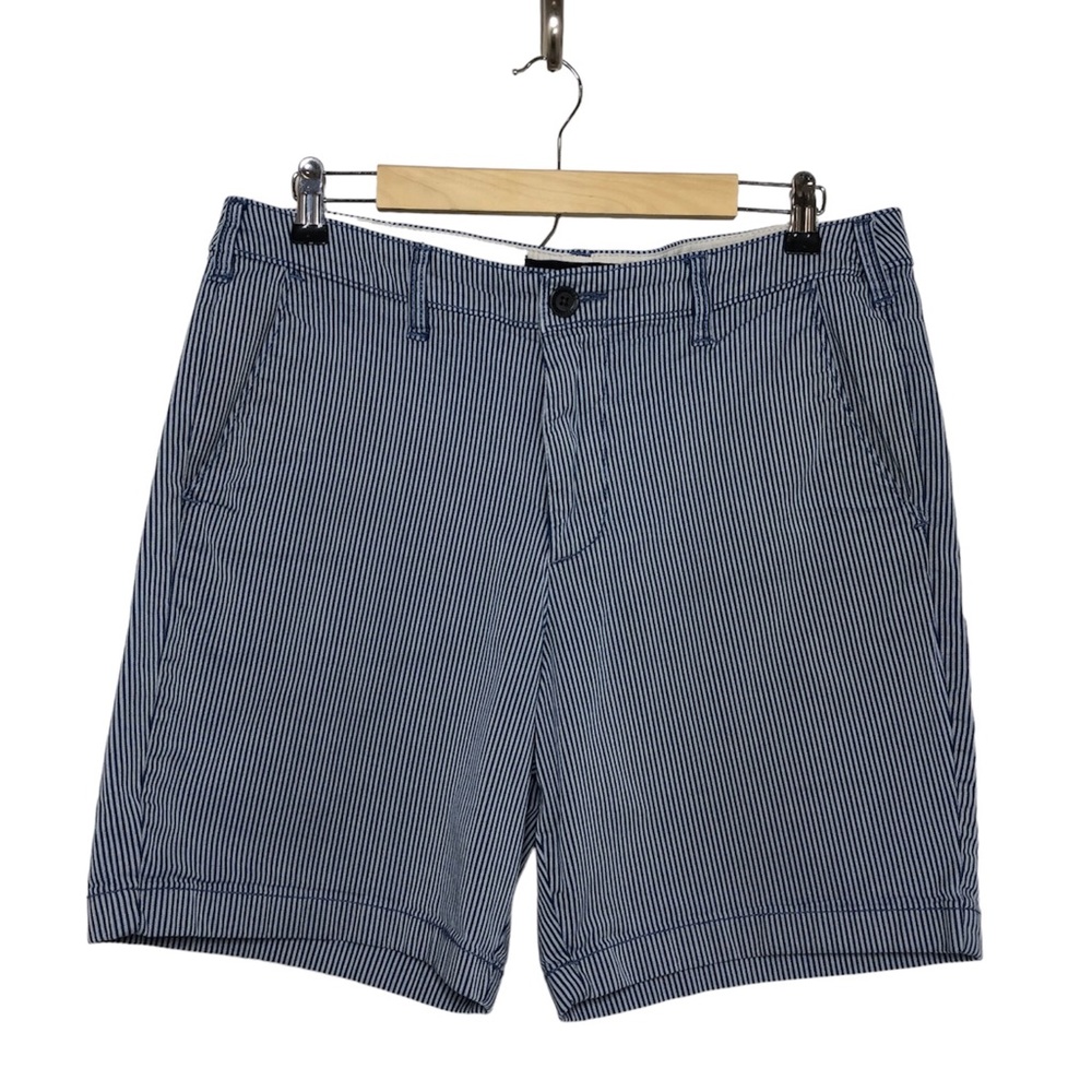 Hollister Epic Flex Cotton Blend  Blue White Stripes Flat Front Mens Shorts‎ 34